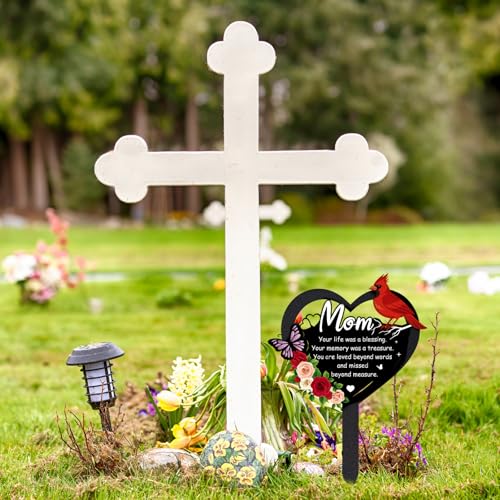 Grave Decorations for Cemetery - Memorial Mom Metal Graves Stakes | Outdoors Heart Cardinals Remembrance Plaque Black Waterproof Flower Graveside Burial Decor Sympathy Gifts for Loss of Mother - style: Mom