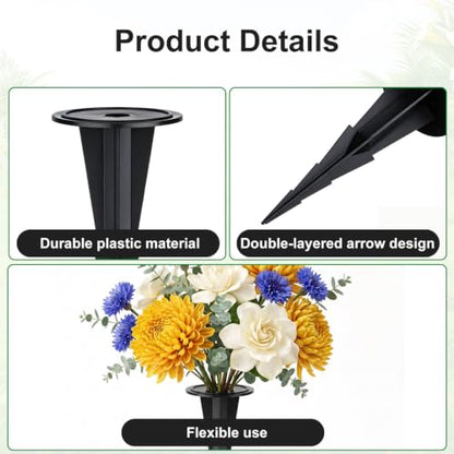 4 Pcs Memorial Artificial Flower Holder, Patio Garden Floral Ground Spikes, Cemetery Flower Container Stakes, Black