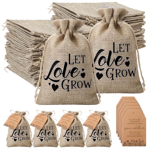 Fumete 50 Set Let Love Grow Wedding Favor Bags Thank You Tags, Rustic | Burlap Pouches with Twine for Bridal Shower Souvenirs, Empty Packets No Seeds, Rustic Farmhouse Party Gift for Guest Bulk - style: Rustic