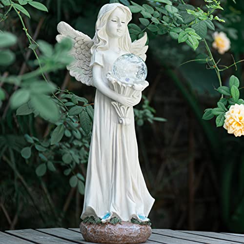 Garden Angels Outdoor Statue, Solar Angel with Crackled Glass Globe | 16.3'' Resin Angel Statue with Warm Led Lights, Memorial Angel Figurines Gardening Gifts for Mother Grandma Yard Patio Decor - color: Globe