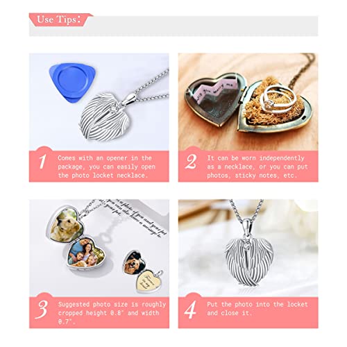 Picture Locket Necklace for Women Men Rose 14K Real Gold 925 Sterling Silver Jewelry Heart Locket Necklace that Holds Pictures Tree of Life Viking Wolf Celtic Knot St Christopher St Michael Pendant - color: G-Heart Wing Photo Locket Necklaces
