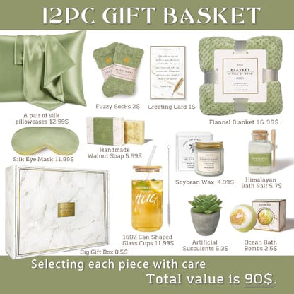 Gift Basket for Women,Care Package for Women,Birthday Gift Basket,12PC Get Well Gifts After Surgery,Grief,Sympathy Gifts,Condolences (green) - color: green