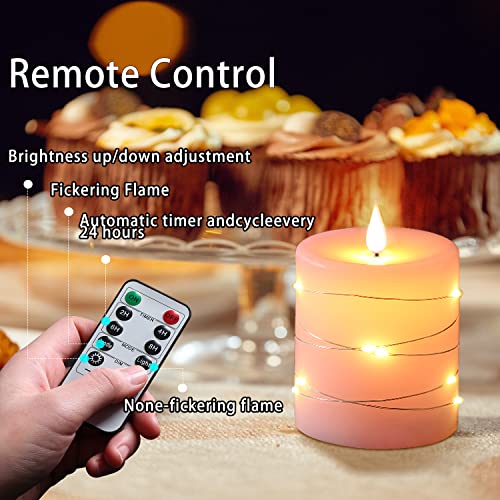 Pink Flameless Candles with String Lights Battery Operated Flickering LED Pillar Candles 4‘’ 5‘’ 6‘’ Candle with Remote Control, Set of 3 - size: Pink - 3 Pack