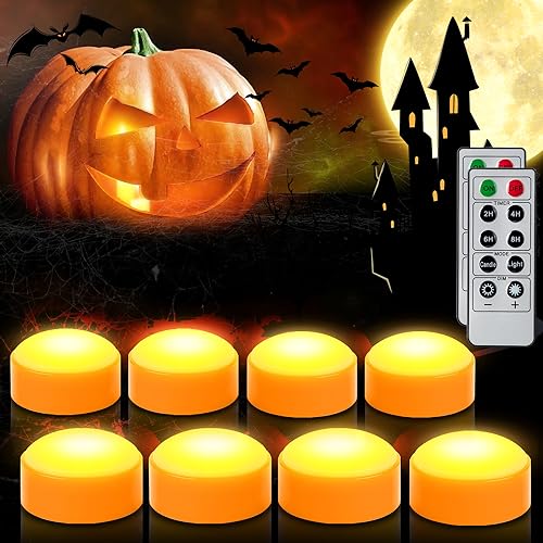 8 PCS Halloween Pumpkin LED Lights with Remote Timer Bright Flickering Battery Operated Jack-O-Lantern Electric Flameless Candles for Halloween Decorations Gift Supplies Orange Color - color: Orange Pumpkin Lights (8 PCS)