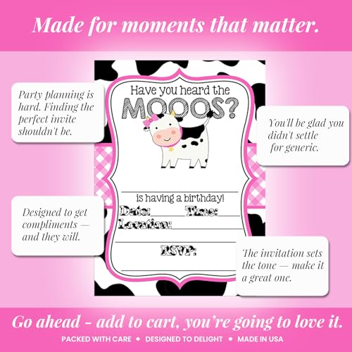 Amanda Creation Cow Birthday Invitations for Girls, 20 Pack 5x7 Fill-In Cow Party Invitations with White Envelopes, Heard the Moos Pink Farm Animal Cards, Made in USA - color: Heard the Moos Pink Cow