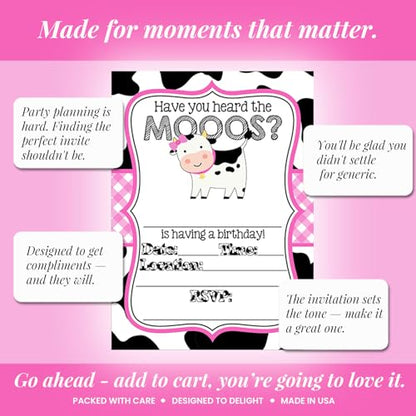 Amanda Creation Cow Birthday Invitations for Girls, 20 Pack 5x7 Fill-In Cow Party Invitations with White Envelopes, Heard the Moos Pink Farm Animal Cards, Made in USA - color: Heard the Moos Pink Cow