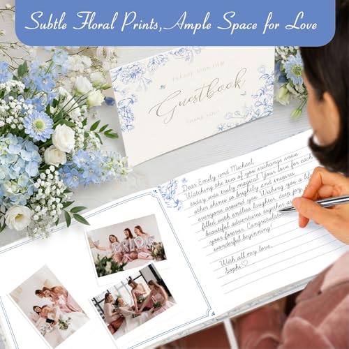 Blue Floral Wedding Guest Book with Pen, Hardcover, 144 Pages, 9x7 inches | Silver Foil Title, Space for Polaroid Photos Messages, Sign In Book for Reception, Bridal Shower Guest Book, Engagement Party - color: Blue