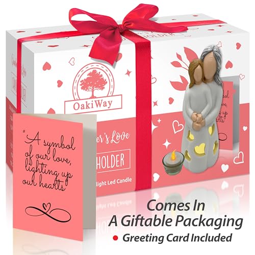 Hand-Painted Grandma-Granddaughter Candle Holder Statue Gift, with Flickering LED Candle | Gigi Grandmother Birthday Gift, Unique Nana Present Ideas for Christmas, Greeting Card Included - color: Grandma & Granddaughter (Light Brown)