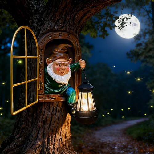 Garden Gnomes Decor Outdoor Statue - Christmas Gnome Decorations with Solar Lights Whimsical Elf Out The Door Tree Hugger Garden Statues Tree Face Gnomes Yard Art for Patio,Fence,Lawn Gnomes Ornament - color: Brown