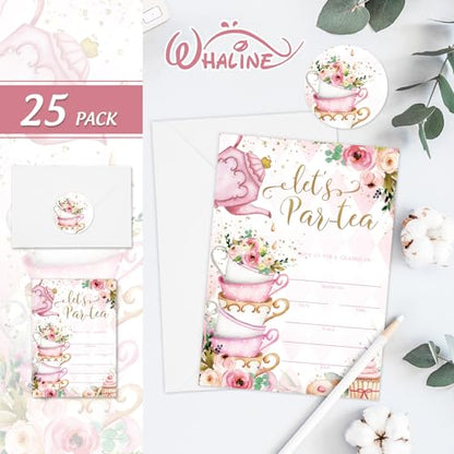 Whaline 25 Packs Tea Party Invitations 5 x 7 Inch Floral Fill-In Invitation Cards with Envelopes Stickers Sweet Dessert Blank Invites for Party Tea Time Birthday Supplies - style: Tea Party