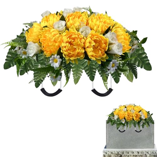 Headstone Flowers – Artificial Cemetery Flowers for Grave, Artificial Yellow Roses and Chrysanthemums Mixed - Easy to Install Cemetery Flowers for Grave Saddle - color: Yellow