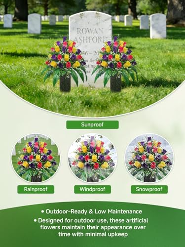 Mirevielyn 24-Stem Artificial Rose Cemetery Flowers with Spiked Vases - color: Red, Yellow & Purple