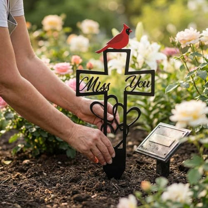 Metal Cardinal Memorial Grave Marker Cross - Miss You Red Bird Sympathy Gift for Cemetery - Weatherproof Garden Remembrance Stake for Loss of Loved One, Bereavement Tribute Decor