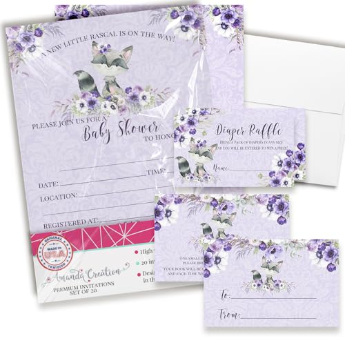 Baby Shower Invites for Girls – Raccoon Girl Baby Shower Invitation Bundle with Diaper Raffle Tickets, Book Request Cards & Envelopes. Set of 20 5X7 Watercolor Floral Invitation Kit Sets - style: Raccoon
