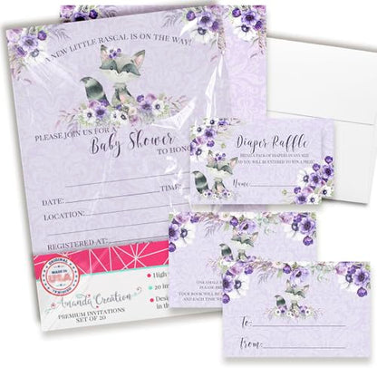 Baby Shower Invites for Girls – Raccoon Girl Baby Shower Invitation Bundle with Diaper Raffle Tickets, Book Request Cards & Envelopes. Set of 20 5X7 Watercolor Floral Invitation Kit Sets - style: Raccoon