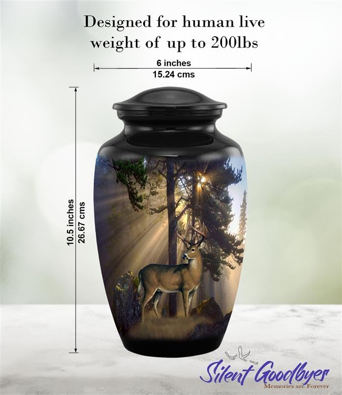 Gone Hunting Deer Cremation Urn with Sunrays – Majestic Buck Memorial Urn for Human Ashes – Handcrafted Full Size Adult Funeral Urn up to 200 lbs with Velvet Bag (Large) - size: Adult