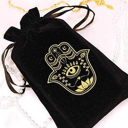 ARTSY CRAFTS 6x9" Hamsa Hand Velvet Jewelry Pouch Gift Bags, Fatima Hand Evil Eye Velvet Drawstring Oracle Tarot Card Rune bags Dice Bag (2pk Smoky Black) - color: 2pk Smoky Black