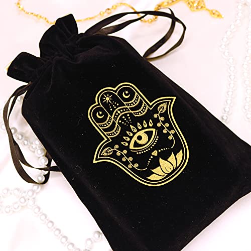 ARTSY CRAFTS 6x9" Hamsa Hand Velvet Jewelry Pouch Gift Bags, Fatima Hand Evil Eye Velvet Drawstring Oracle Tarot Card Rune bags Dice Bag (Smoky Black) - color: Smoky Black