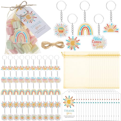 Equsion 50 Sets Here Comes The Sun Party Favors Boho Yellow Sun Acrylic Keychain with Organza Bags and Thank You Tags for Birthday Bridal Wedding Baby Shower Bachelorette Party Supplies Gifts - style: Sun Theme