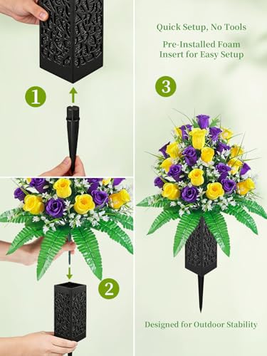 Mirevielyn 2-Pack 24-Stem Artificial Rose Cemetery Flowers with Vases - color: Yellow & Purple