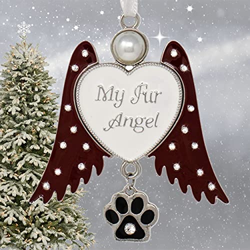 Pet Memorial Ornament Angel Wings with Paw Print Charm, My Fur Angel Engraved Heart, Rhinestone Jeweled Wings Hanging Remembrance Ornament, Dog Cat Loss Sympathy Gift, Pet Memorial Gift