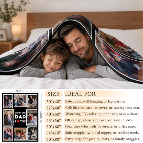 Fathers Day Birthday Gift for Dad Custom Blanket with 8 Photo & Text, Personalized Blankets with Picture to My Dad, HD Printing Customized Flannel Throw Blanket Gifts for Best Daddy Grandpa Ever - color: Dad-3
