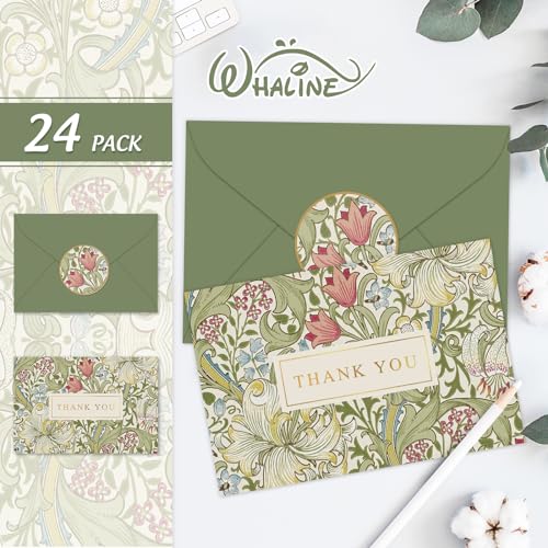 Whaline 24 Pack Floral Gold Foil Thank You Cards with Envelope & Sticker | Green Plant Flower Greeting Card, Vintage Blank Note Cards, for Birthday Baby Shower Wedding Party Supplies, 4 x 6 Inch - style: Green Flower