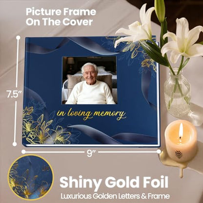 Funeral Guest Book, in Loving Memory Sign in Book with Photo Slot | 330 Entries, Table Sign Card Included, Gold Stamping, Hardcover, Celebration of Life Keepsake, 9x7.5", Navy - color: Navy Photo
