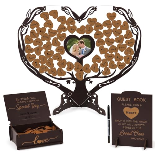 Heart Wedding Guest Book Alternative, Coffee Color Rustic Wooden Wedding Souvenirs with Heart Picture Frame, Heart Guest Book Drop Box, Personalized Decor Party Birthday - color: Coffee