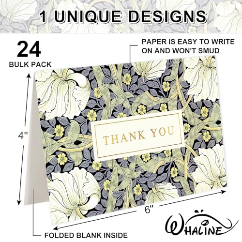 Whaline 24 Pack Floral Thank You Cards Bulk Blue Green Flower Greeting Cards with Envelope Sticker Vintage Blank Note Cards for Birthday Baby Shower Party Supplies, 4 x 6 Inch - style: White Flower