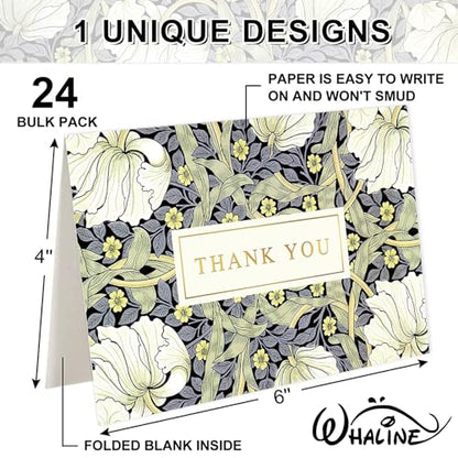 Whaline 24 Pack Floral Thank You Cards Bulk Blue Green Flower Greeting Cards with Envelope Sticker Vintage Blank Note Cards for Birthday Baby Shower Party Supplies, 4 x 6 Inch - style: White Flower