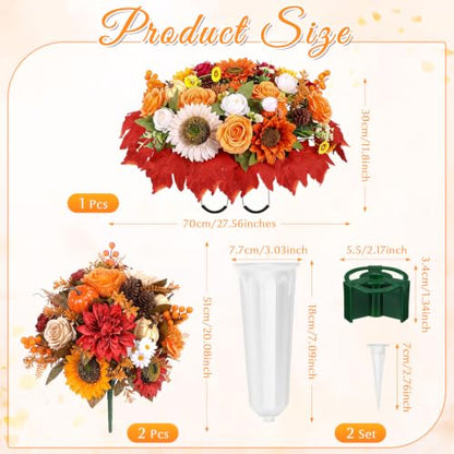 Giegxin 3 Pcs Fall Headstone Flower Saddle Cemetery Grave Flower Sunflower | Pumpkin Sunflower Maple Leaves Rose Pine Cone, Autumn Artificial Memorial Flower with Vase, Thanksgiving Floral Arrangement - color: Red, Orange, style: Sunflower Mum Pumpkin
