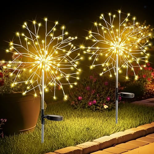 suddus Solar Garden Lights Outdoor Waterproof Decorative, Upgrade 2Pack 150LED Firework Lights, Solar Fairy Lights for Yard, Garden, Party, Patio, Pathway, Flowerbed - Warm White - color: Warm White Plus, size: 2 Pack