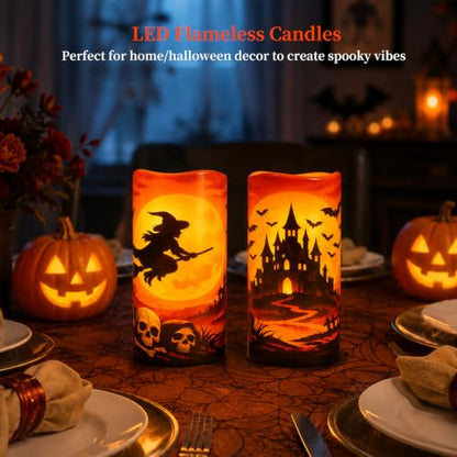 Amagic 3"x6" Halloween Flameless Candles, Waterproof LED Pillar Candles - color: Witch + Castle, size: 2 Pack, D3"xH6"