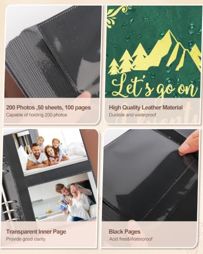 Leather Photo Album 4x6 200 Photos,Slip-in Photo Album Book with 50 Sheets, Travel Souvenir Diary Photo Book for Family Wedding Baby and Holiday Pictures - color: Green