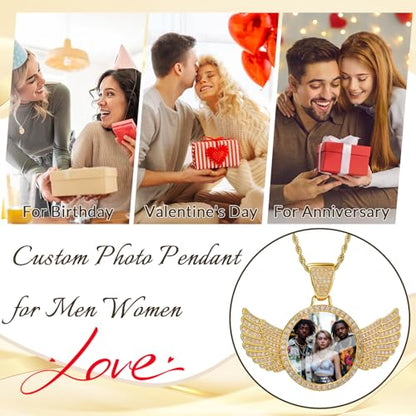 HJX Custom Circle Chain with Wings, Memorial Picture Necklace for Men Womem - color: 7-wing