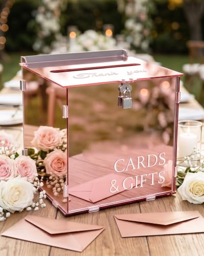 Rose Gold Acrylic Wedding Card Box with Slot and Lock, Mirror Acrylic Card Holder for Reception, Graduation, Bridal & Baby Shower, Birthday Party, Shiny Decorative Gift Boxes for Cards and Money - color: Rose Gold