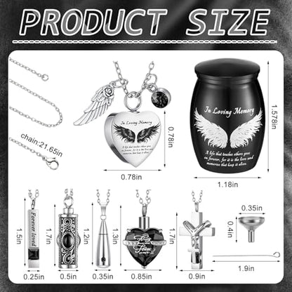 Ecation 12 Set Small Urn Cremation Jewelry Necklaces for Ashes Stainless Steel Keepsake Urns Memorial Locket Mini Ash Holders Waterproof for Human Adult Female Male Family Loved One(Black) - color: Black