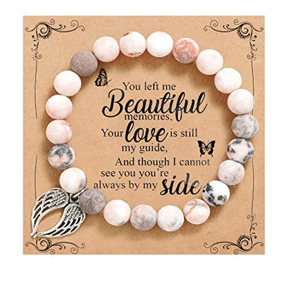 QWNHONEY Memorial Gifts for Loss of Loved Sympathy Remembrance In Memory of Mother Father Pet Bereavement Grief Pink Red Beads Bracelet with Angle Wings Jewelry Gifts for Women - style: Pink-Wings-You left me beautiful memorie