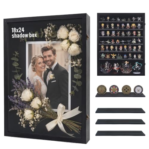18x24 Wooden Shadow Box Frame with Removable Shelves Deep Display Case for Military Medals Keepsakes Black - color: Black, size: 18x24