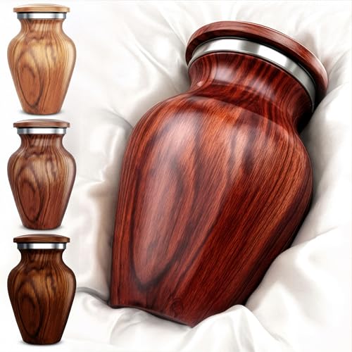 Small Keepsake Urn for Human Ashes – Rosewood Wood Appearance Memorial – Handcrafted Mini Urn for Sharing – Recycled Cast Aluminum – Secure Lid - Velvet Bag & Funnel – Decorative Container - color: 1 Rosewood