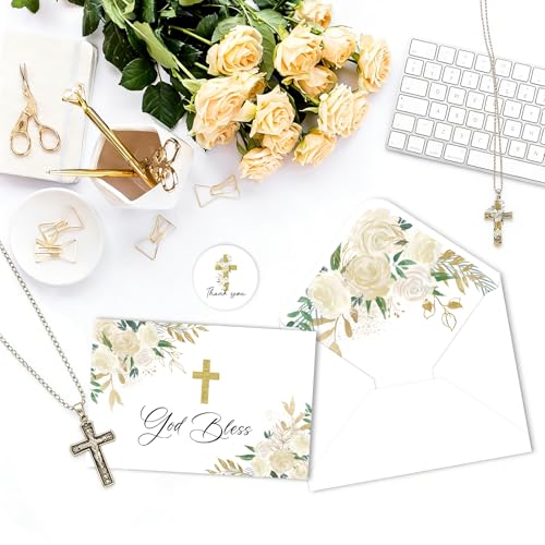 48 Pack Baptism Thank You Cards with Envelopes, Watercolor Floral Cross Christian Thank You Cards for Wedding Communion Baby Shower - style: 48 Pcs - Golden Cross