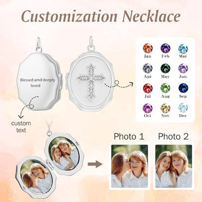 18K Gold Cross Locket Necklace for Women Holds Photo Necklace with Personalized Picture Necklaces Pendant 18 Inch Birthday Mother's Day for Women - color: Silver Cross