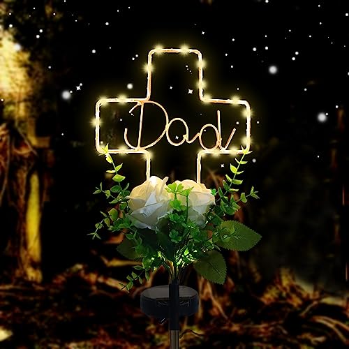 Lmtocs Solar Cross Light for Dad‘s Grave – 2 Modes with Rose Flower, Waterproof Outdoor Light for Cemetery, Perfect for Christmas, Father’s Day & Memorial Day Grave Decorations - color: Dad-Rose