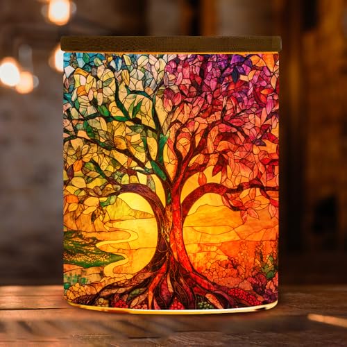 Stained Glass Tree of Life Tea Light Candle Holder with Bamboo Lid, Tree of Life Decorations Light Glass Tealight Holder, LED Candle Tealight Jar for Birthday,Wedding,Home Decor - color: Tree of Life