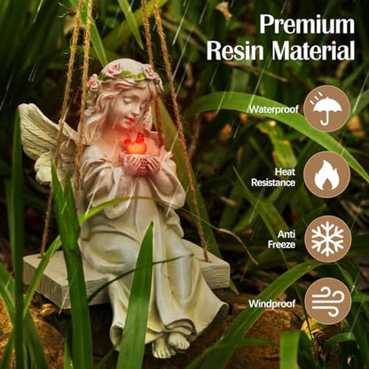 Angel Garden Statue,Fairy Solar Garden Decor with Warm Light | Waterproof Angel Statue with Swing & Holding Bird,Outdoor Garden Decor for Lawn Yard Patio Windowsill Garden Gifts, Apricot - style: Swing Bird Angel