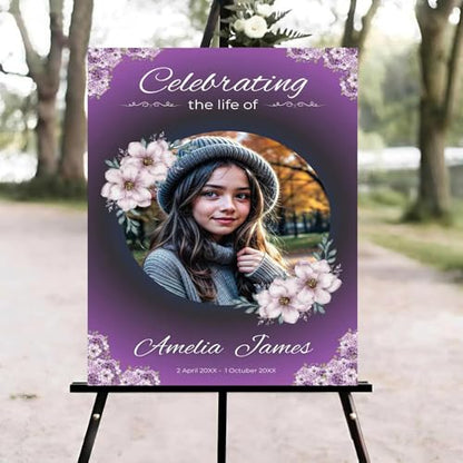 Purple Floral Funeral Welcome Sign, Celebration of Life Welcome Sign, in Loving Memory Sign, Celebration of Life, Celebration of Life Sign, Memorial Sign with Photo,Funeral Welcome Sign #Tfo12 - color: Version #13