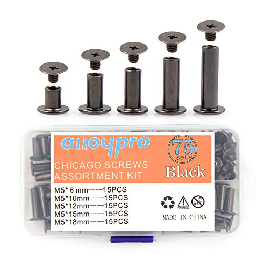 Alloypro 75 Sets Chicago Screws Assorted Kit 5 Size GunMetal Leather Rivets Black Screw Rivets Slotted Phillip Head Book Binding Posts Nail Rivet Chicago Bolt for DIY Leather Craft (5 x 6,10,12,15,18) - size: Gun Metal-6,10,12,15,18