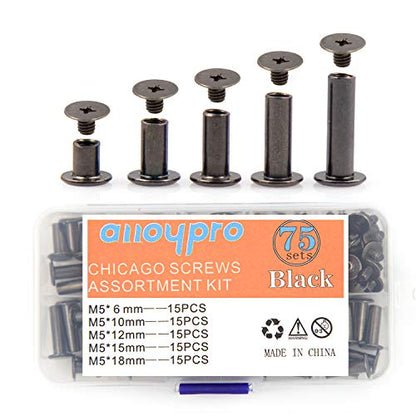 Alloypro 75 Sets Chicago Screws Assorted Kit 5 Size GunMetal Leather Rivets Black Screw Rivets Slotted Phillip Head Book Binding Posts Nail Rivet Chicago Bolt for DIY Leather Craft (5 x 6,10,12,15,18) - size: Gun Metal-6,10,12,15,18