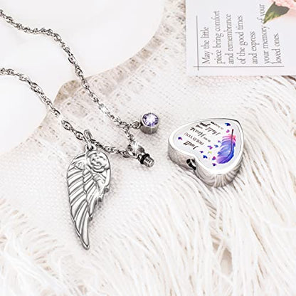 Dletay Heart Urn Necklace for Ashes Birthstones Cremation Jewelry for Ashes Stainless Steel Ash Necklace Memorial Ash Holder - color: Silver Wing